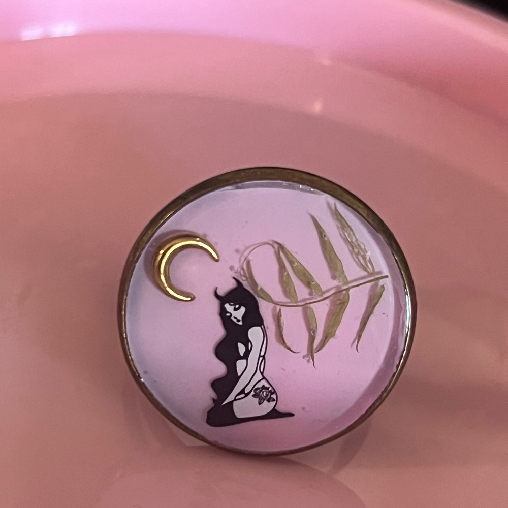 Pink and Gold Botanical Ring with Crescent Moon